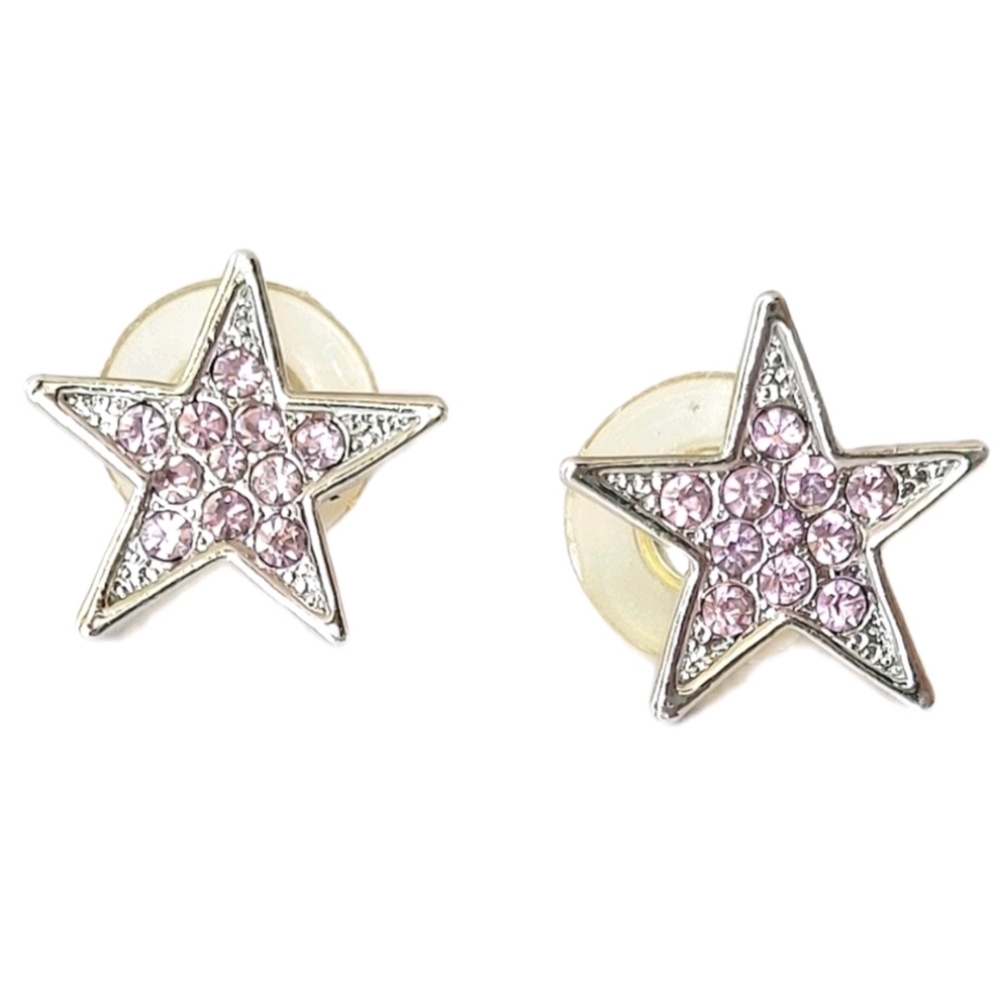 Dainty Pink Rhinestone Silver Stone Star Post Pierced Earrings